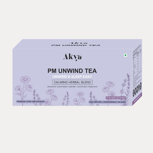 Box of Akva PM Unwind Tea on a light gray background