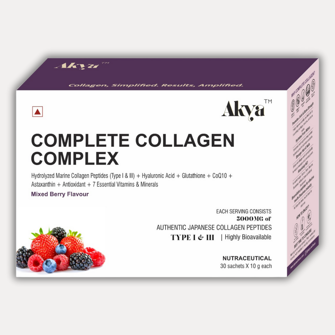 Box of Akya Complete Collagen Complex with berry flavor on a white background
