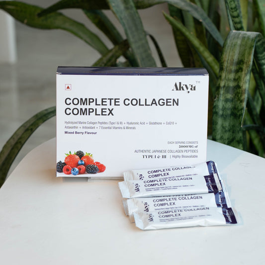 Akya's Complete Collagen Complex packaging in single serve sachets